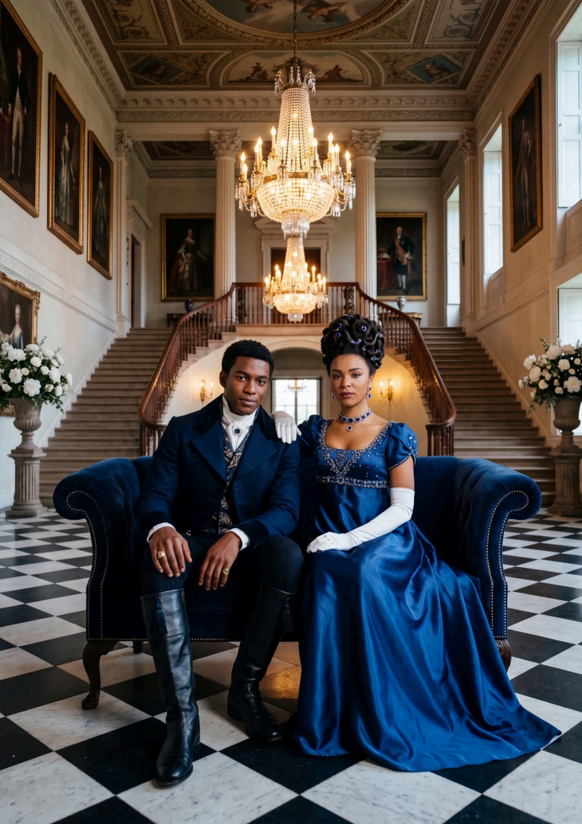 The Portrait in the Grand Hall, an AI generated Regency editorial portrait