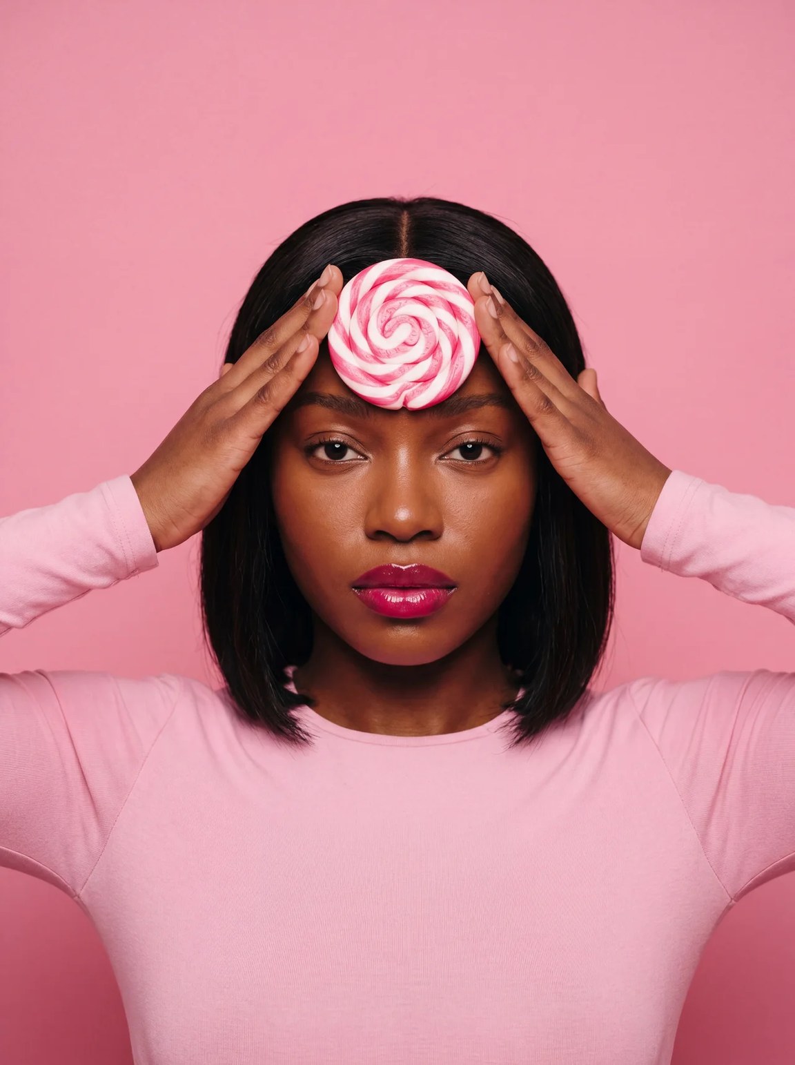 Head Spin, an AI generated candy editorial portrait