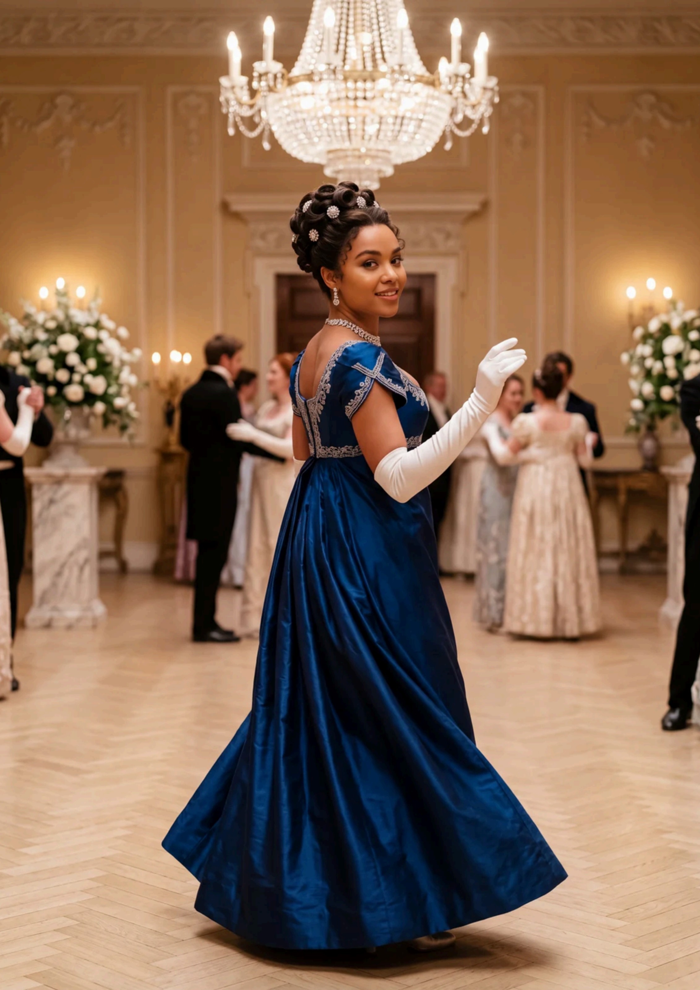 The Ballroom, an AI generated Regency editorial portrait