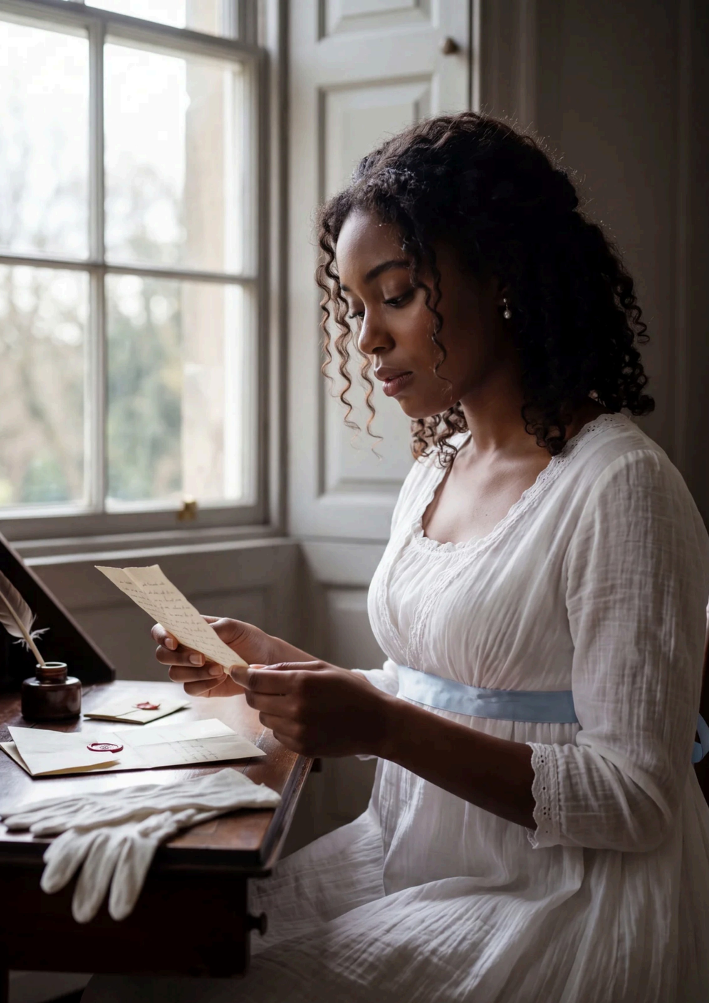 The Letter, an AI generated Regency editorial portrait