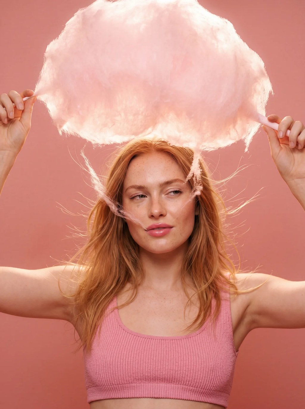 Cotton Candy Dream, an AI generated candy editorial portrait