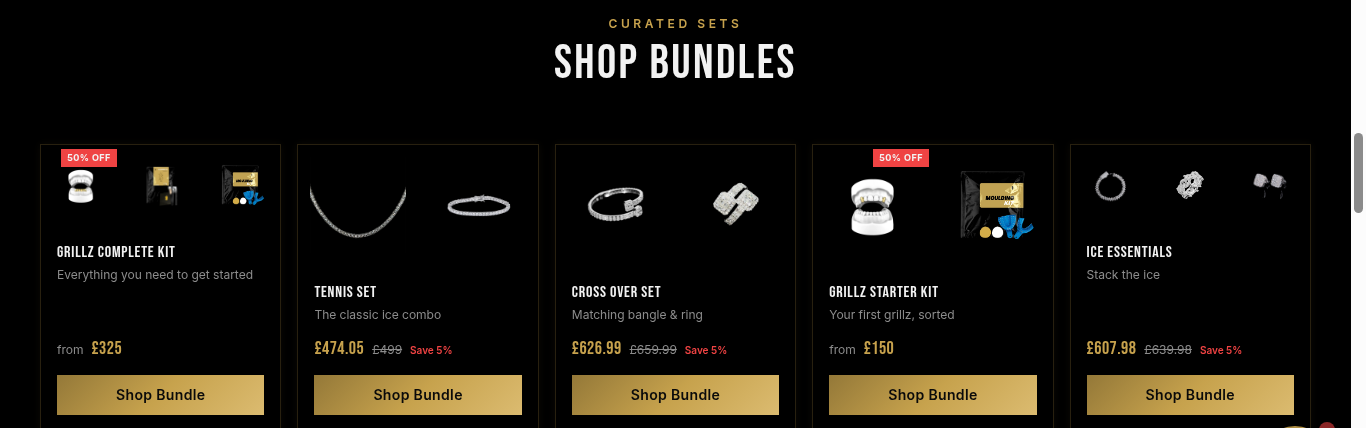 Shop Bundles section with curated grillz and jewellery sets
