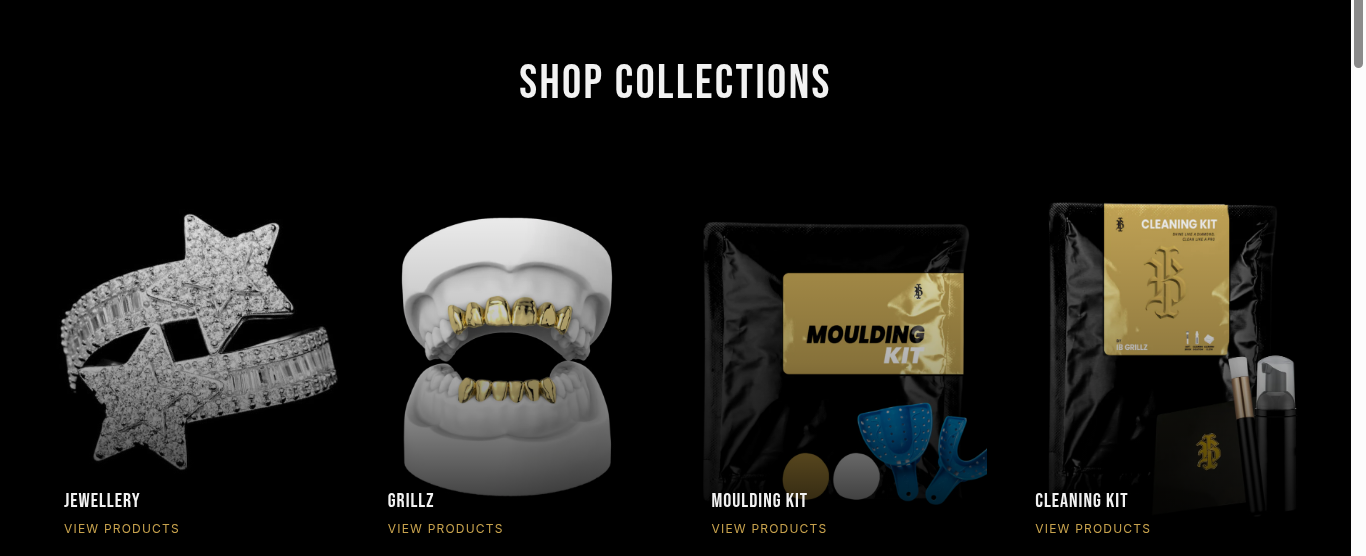 Shop Collections grid: Jewellery, Grillz, Moulding Kit and Cleaning Kit
