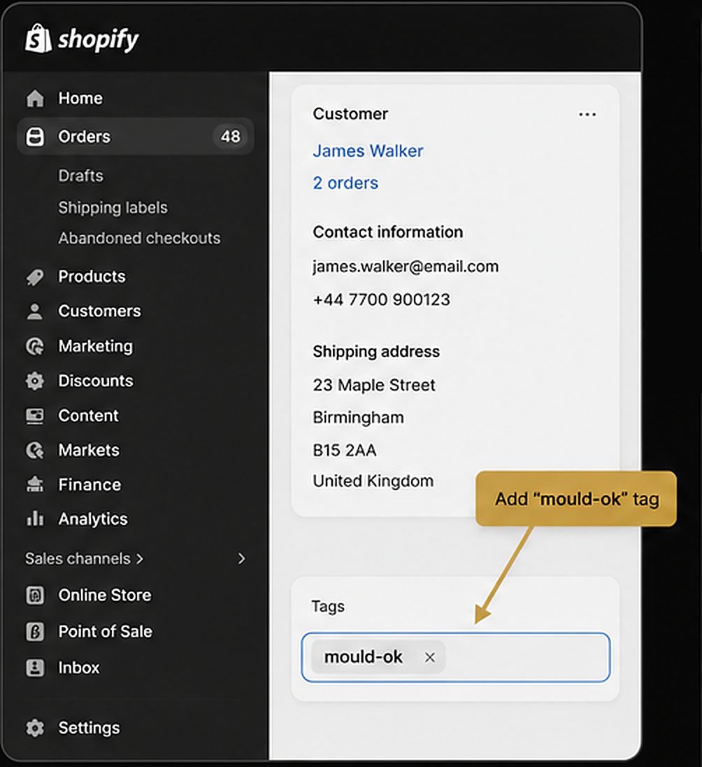 Shopify customer profile with the mould-ok tag added